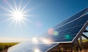 A close-up, low-angle view of a solar panel reflecting a brilliant sun with colorful lens flares against a clear sky.