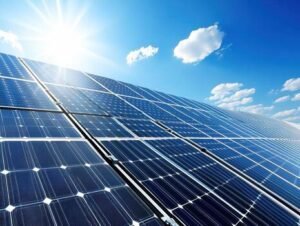 Close-up view of multiple solar panels angled toward a bright, shining sun in a clear blue sky.