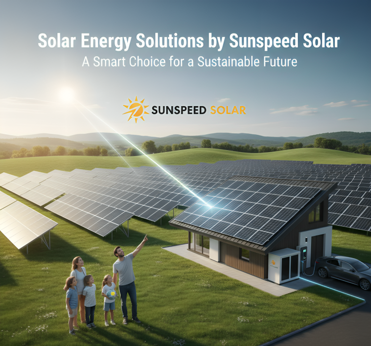 A digital illustration of a family of four standing in a green field next to a solar-powered house. A massive solar farm stretches into the background under a bright sun.