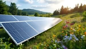 Solar panels positioned in a meadow filled with colorful wildflowers, with rolling green hills and a forest in the background.