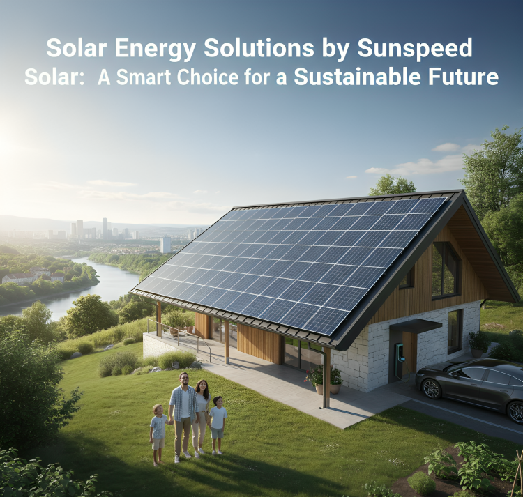 A family standing on a lush green hillside in front of a modern home featuring a large roof-mounted solar array. An electric vehicle is parked and charging in the driveway.