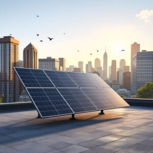 A single large solar panel tilted on a flat urban rooftop, overlooking a dense city skyline with skyscrapers and birds flying at sunset.
