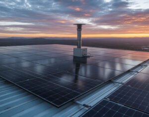 A close-up, wide-angle shot of a solar panel installation on a corrugated metal roof. A silver ventilation pipe stands in the center of the panels. In the background, a vast landscape of rolling hills is visible under a dramatic sunset with purple, orange, and blue clouds.