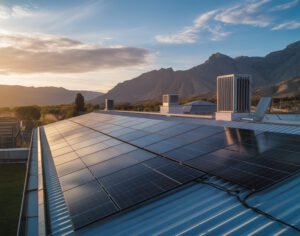 Solar panels mounted on a light-colored metal roof, angled toward the morning sun. High, rugged mountains rise in the background under a clear sky. Large HVAC units are visible on the roof alongside the solar array, with green grass and trees in the valley below.