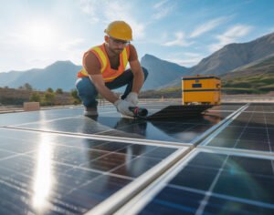 Close-up shot of a technician in a yellow hard hat and safety vest using tools to secure a solar panel on a sunny day with mountains in the background.