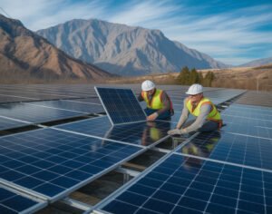 Two solar technicians in white hard hats and safety vests installing a solar panel on a large-scale ground-mounted array with a backdrop of rugged mountains.